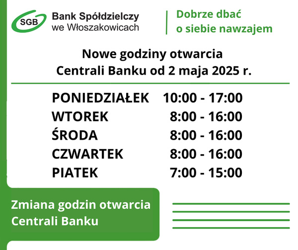 Zmiana godzin otwarcia Banku
